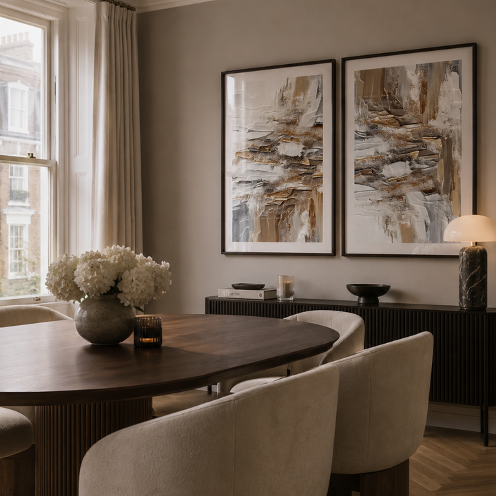 Dining room with a wooden table, chairs, and abstract art on the wall.