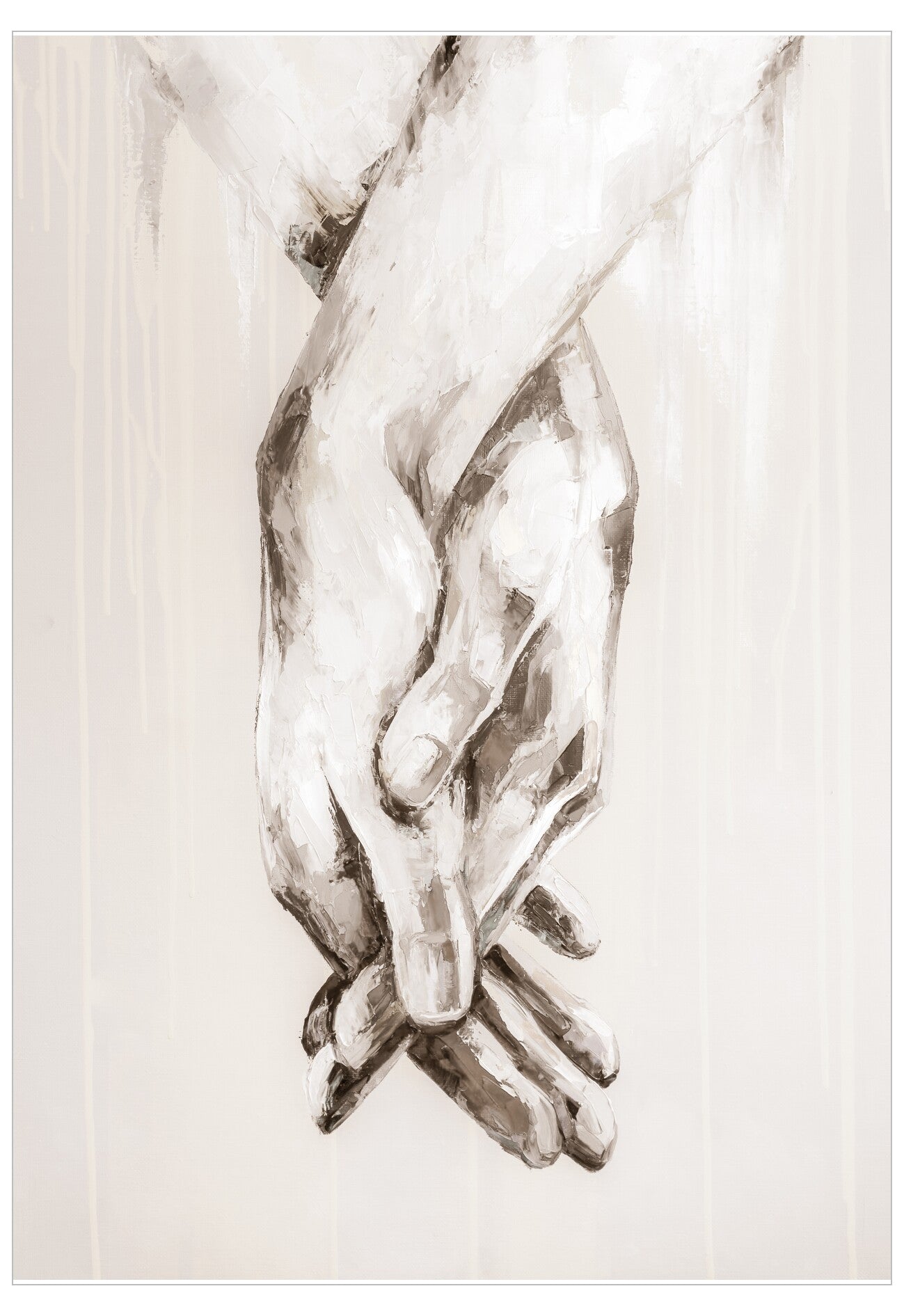 Artistic depiction of two hands holding each other on a light background