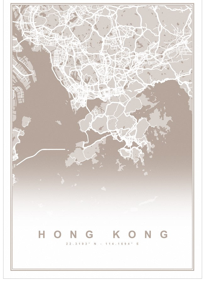 City map of Hong Kong with a beige and white color scheme.