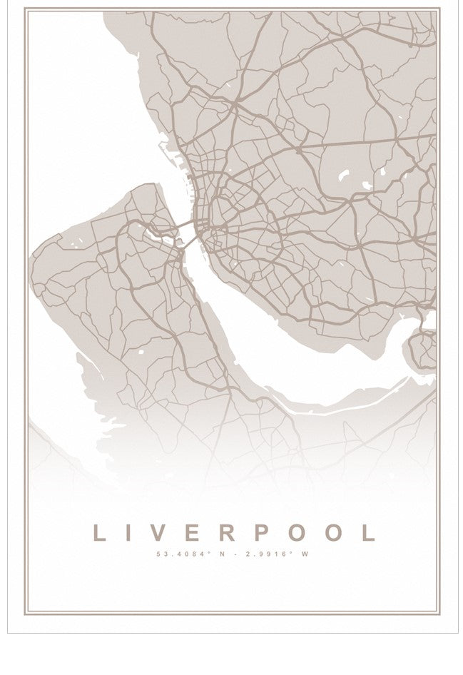 Map of Liverpool with a light beige color on a white background