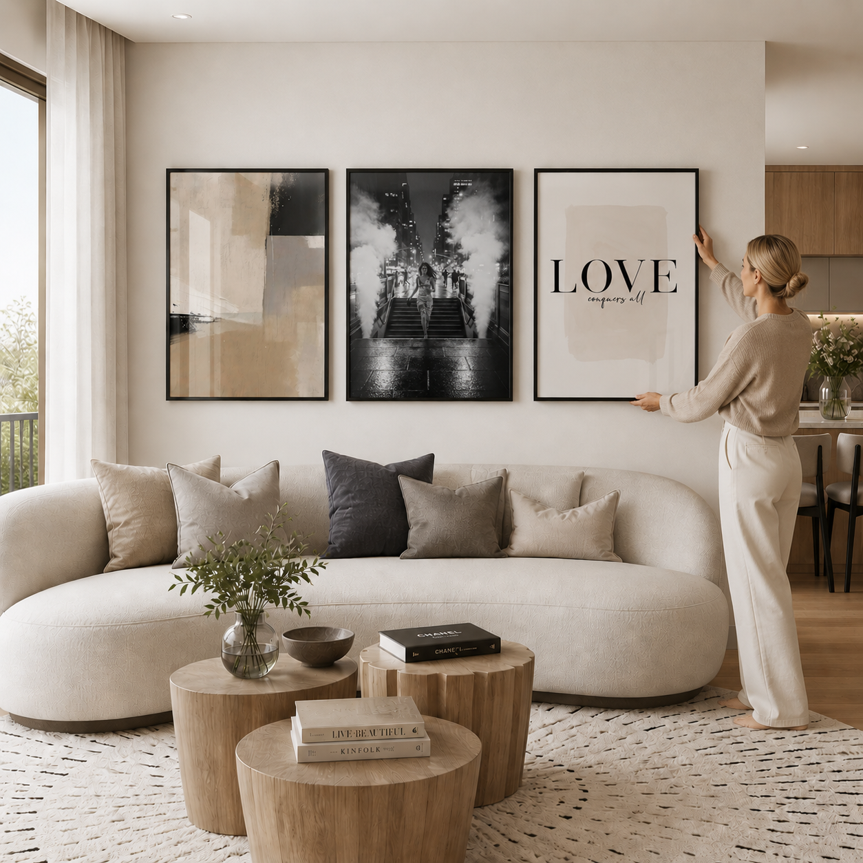 Woman hanging a framed picture in a modern living room with a beige sofa and wooden tables.