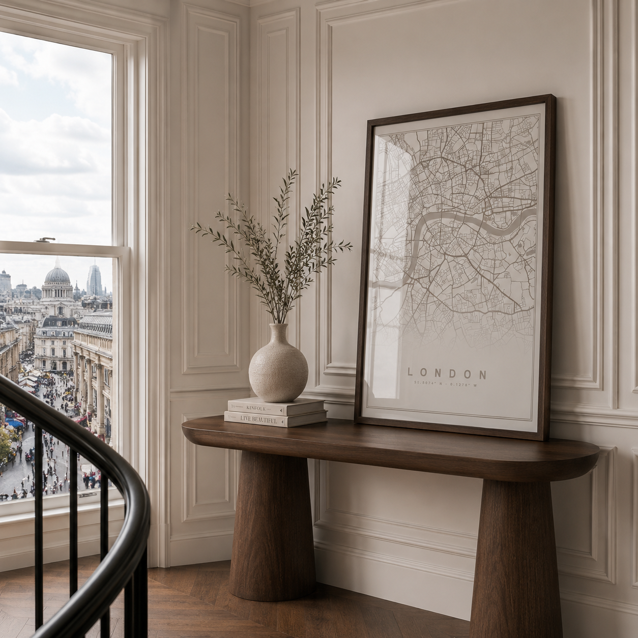 Framed map of London on a wooden console table in a room with large windows.
