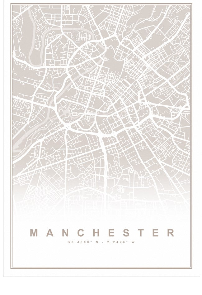 Map of Manchester with a minimalistic design on a light background