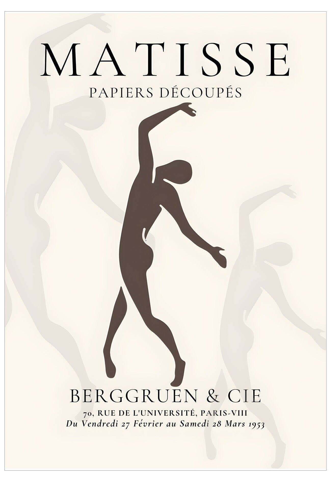 Artistic poster with silhouette of a dancer and text about Matisse's cut-outs exhibition.