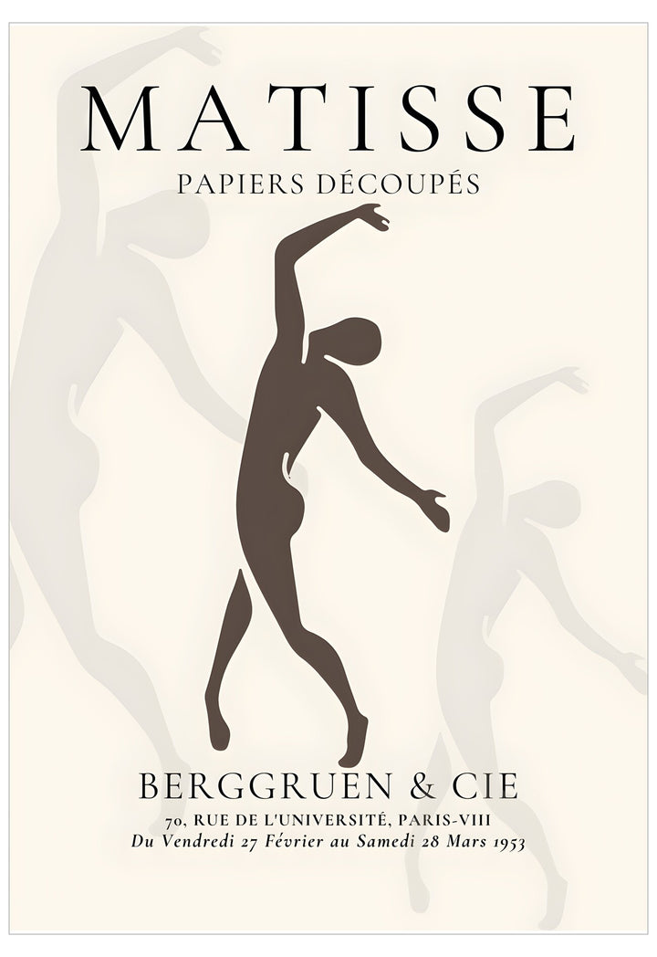 Artistic poster with silhouette of a dancer and text about Matisse's cut-outs exhibition.