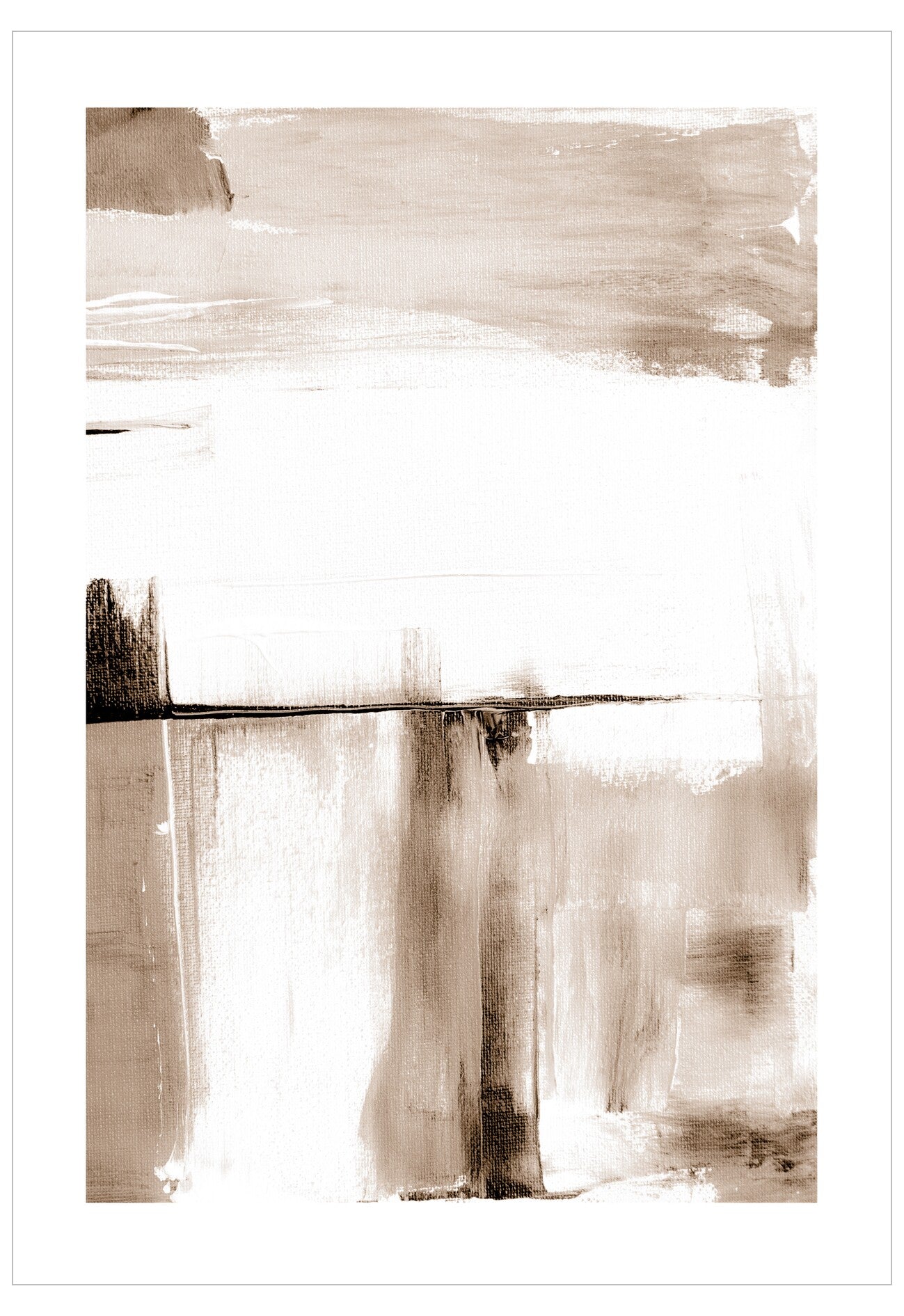 Abstract art piece with brown and white brush strokes on a white background