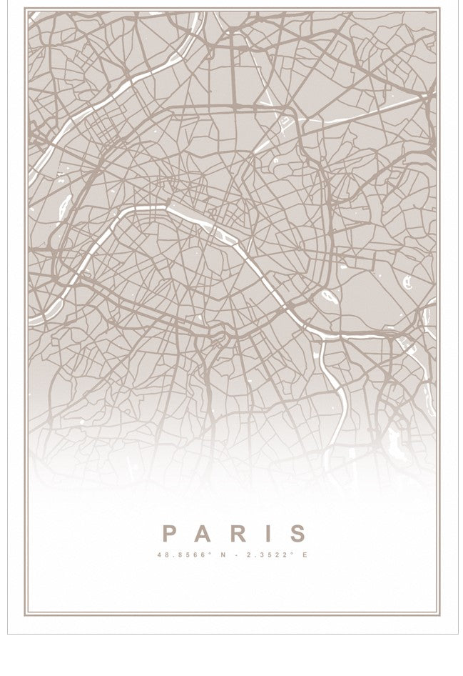 Map of Paris with a beige color scheme on a white background