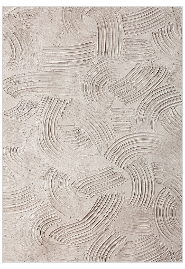 Textured beige patterned rug with wavy lines
