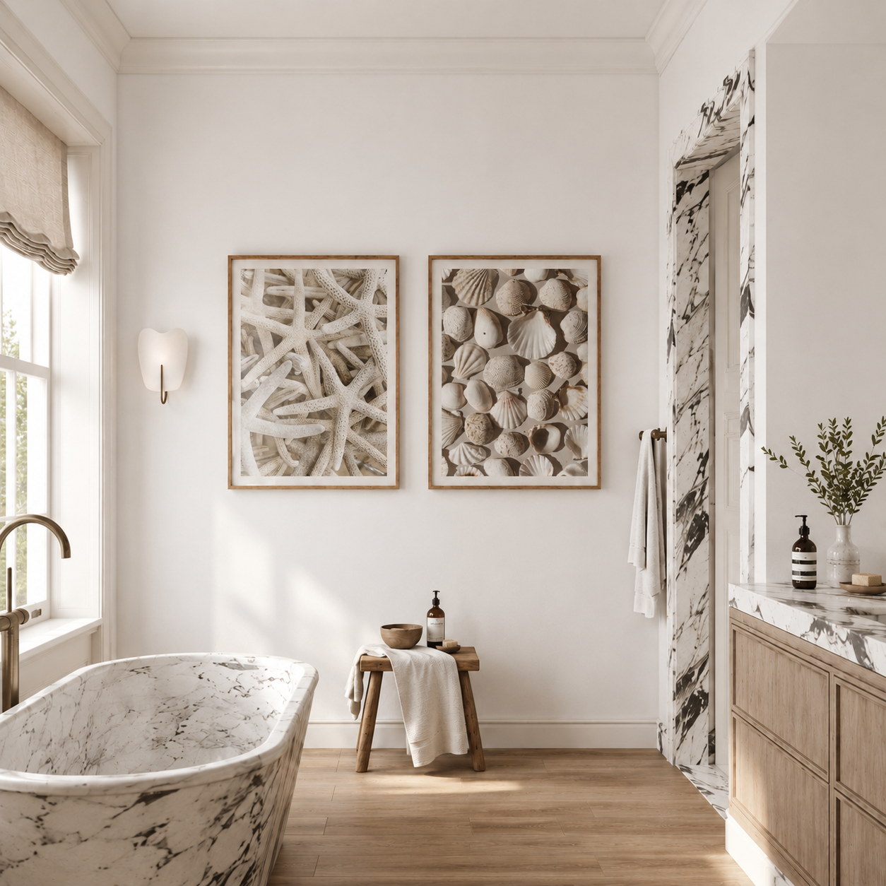 Modern bathroom with marble bathtub, wooden cabinet, and wall art.