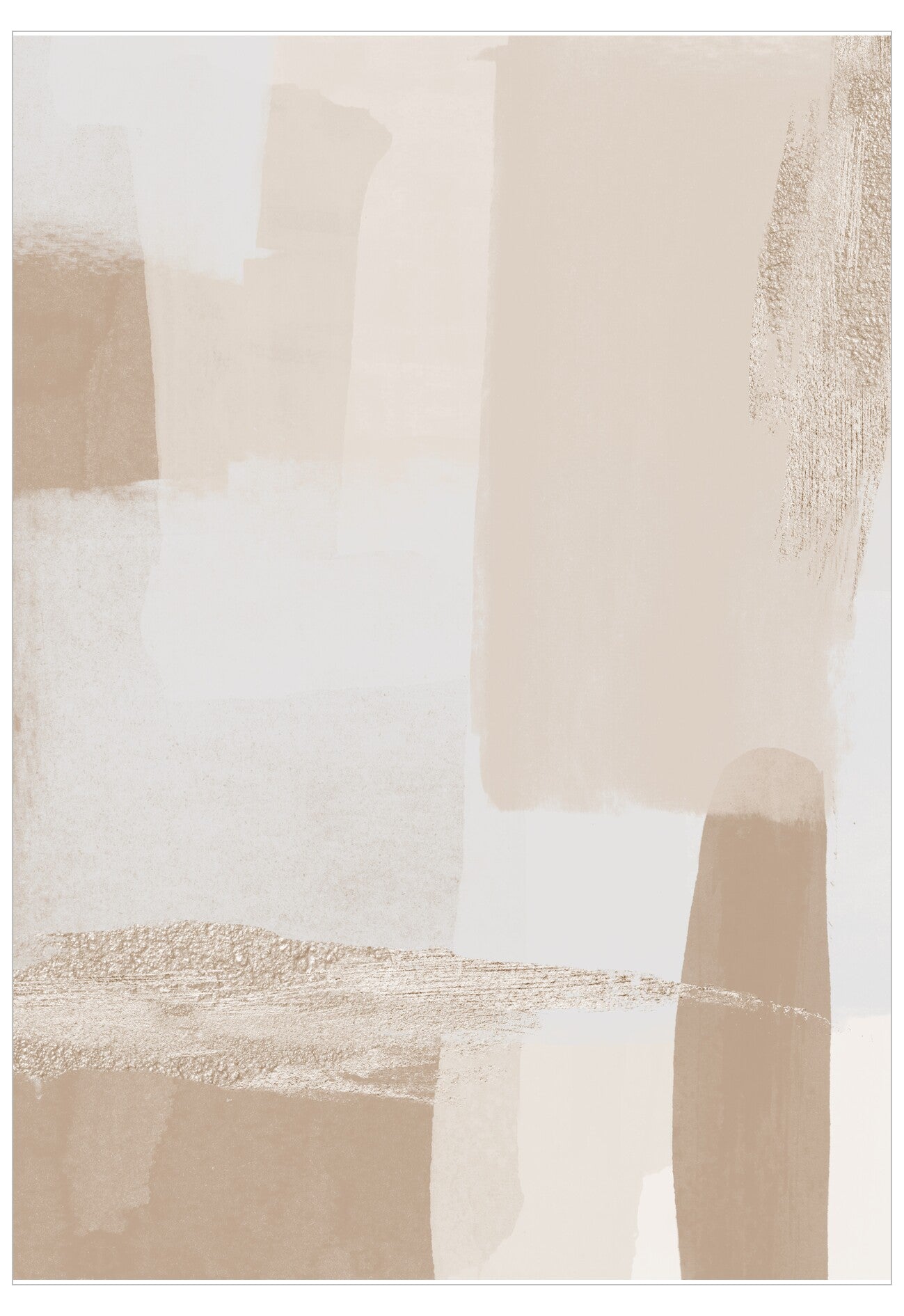 Abstract art piece with geometric shapes in beige, brown, and white on a light background