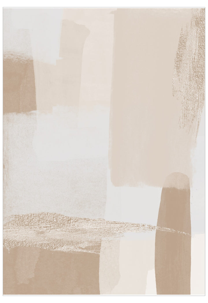 Abstract art piece with geometric shapes in beige, brown, and white on a light background