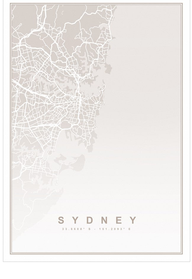 Map of Sydney in white on a light gray background