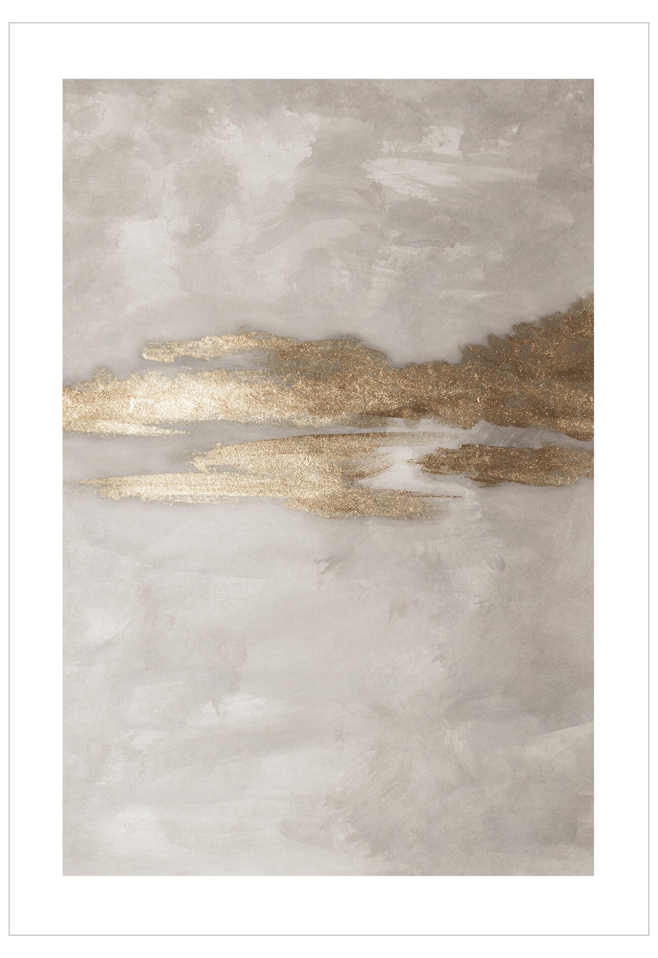 Abstract art piece with gold and gray textures on a white background