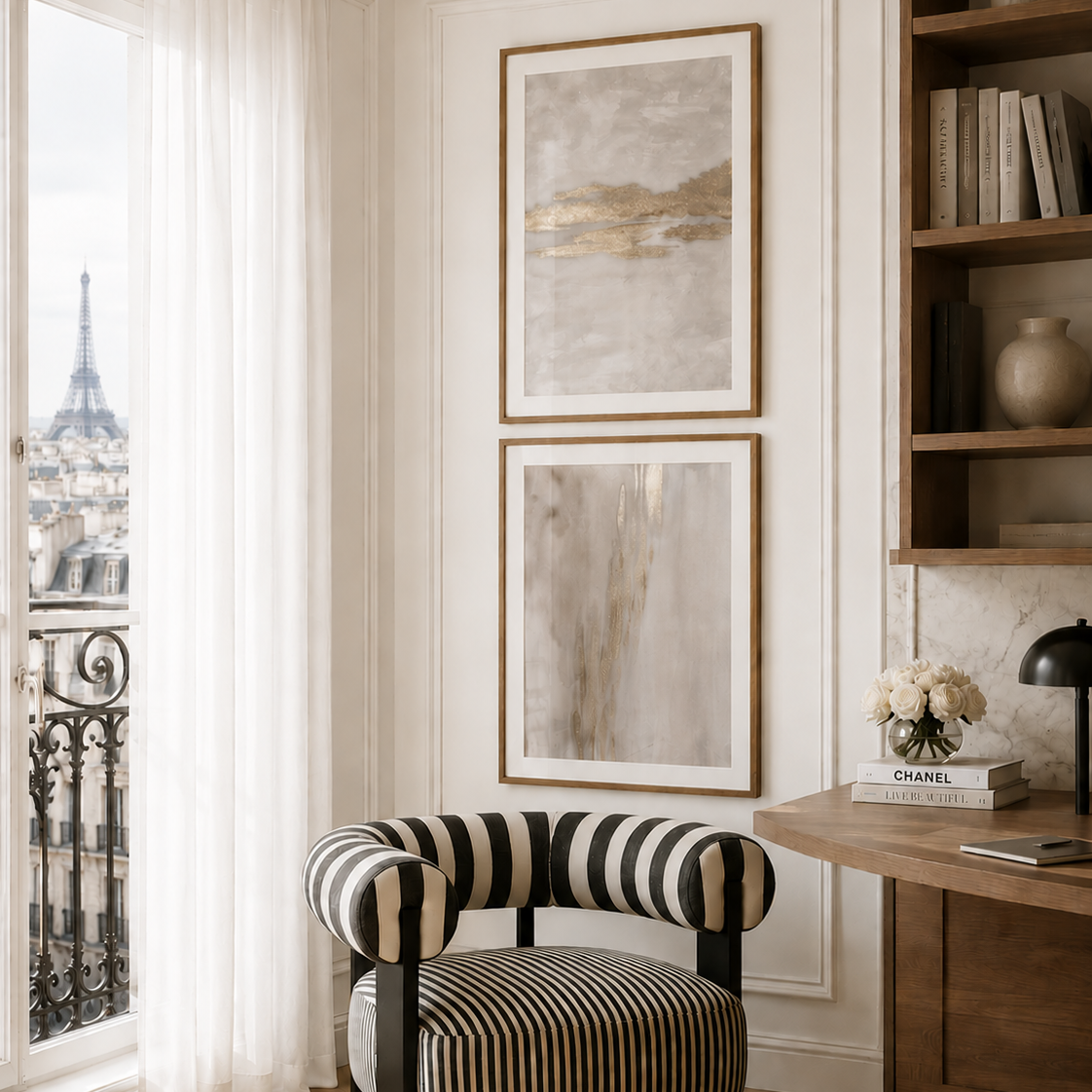 Striped armchair in a stylish room with framed artwork and a desk.