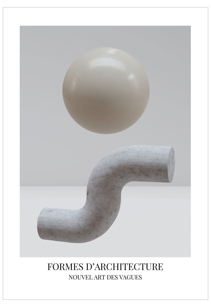 Abstract sculpture with a sphere and curved pipe-like structure on a light gray background, featuring text 'FORMES D'ARCHITECTURE' and 'NOUVEL ART DES VAGUES'.