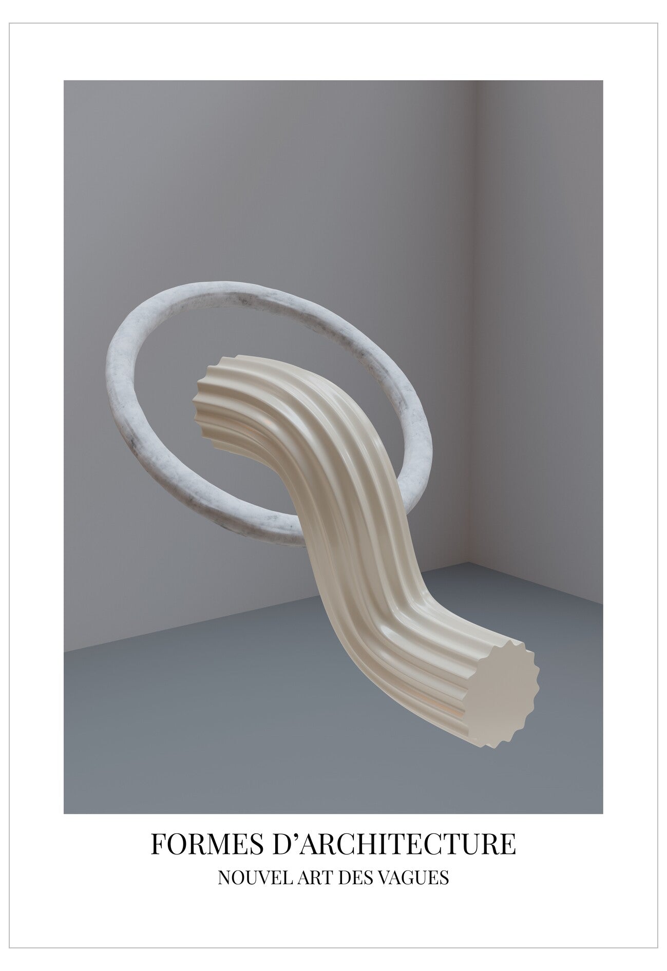 Abstract sculpture with wavy design on a gray surface, titled 'Formes d'Architecture'.