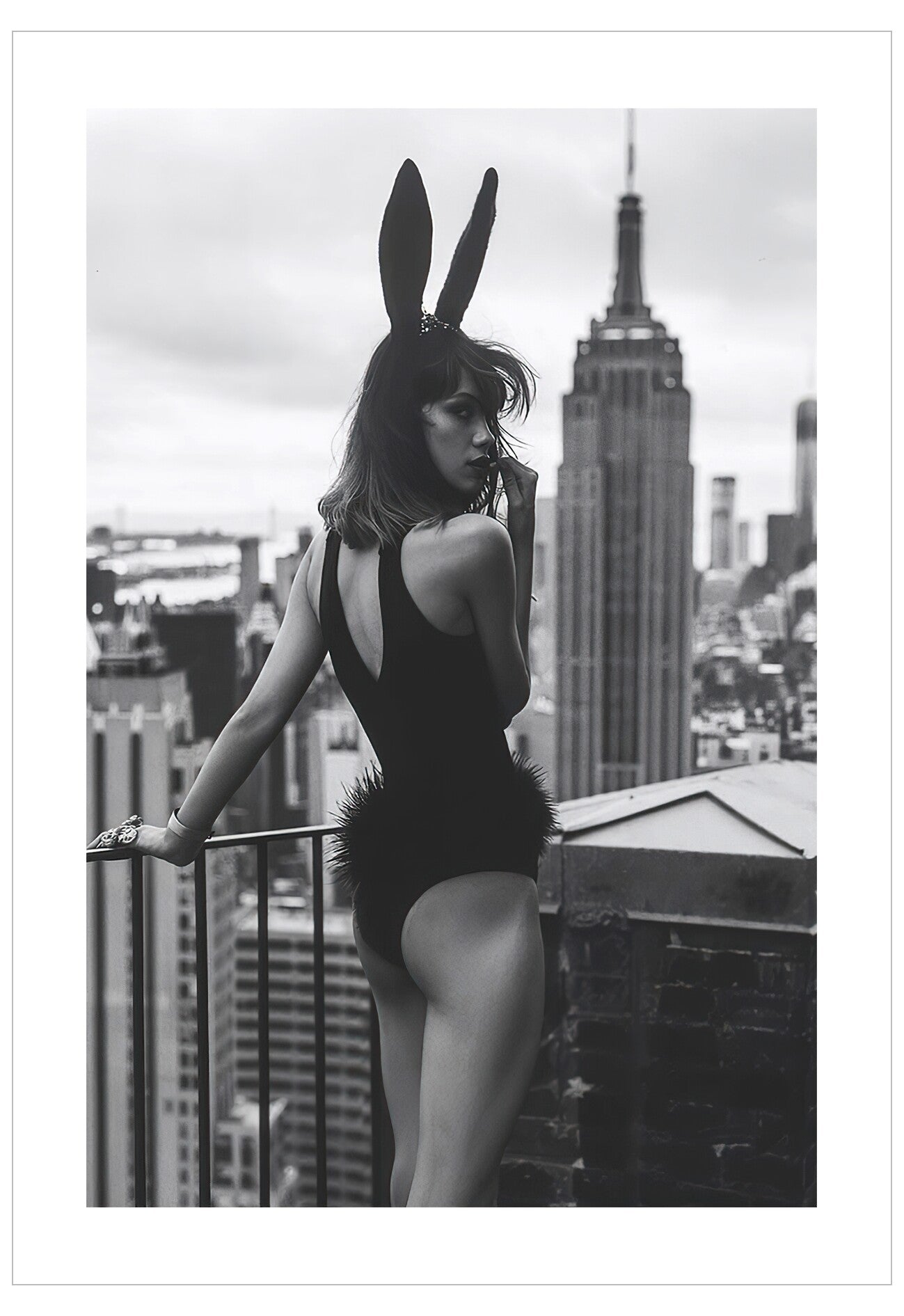 Person wearing a bunny costume with a city skyline in the background