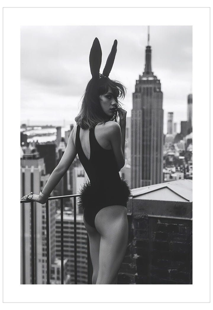Person wearing a bunny costume with a city skyline in the background
