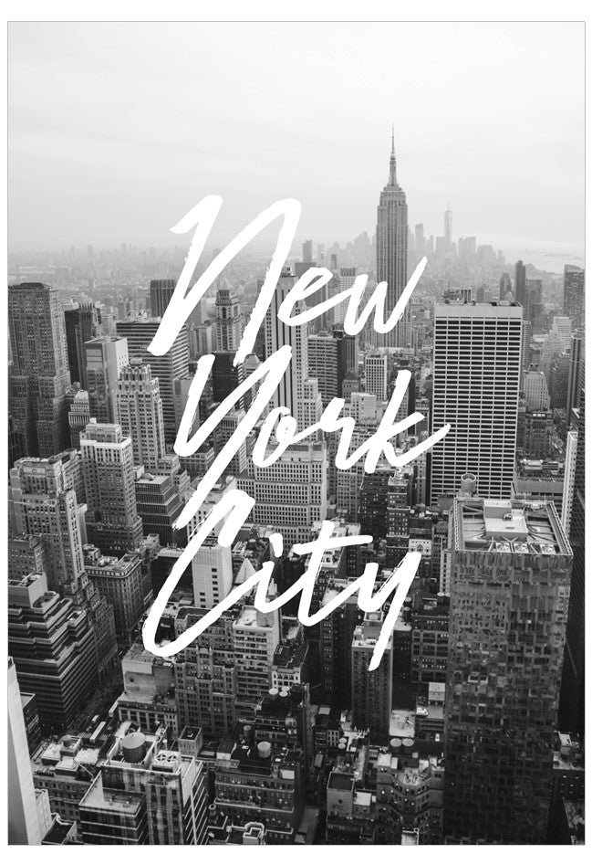 Black and white cityscape with 'New York City' text overlay