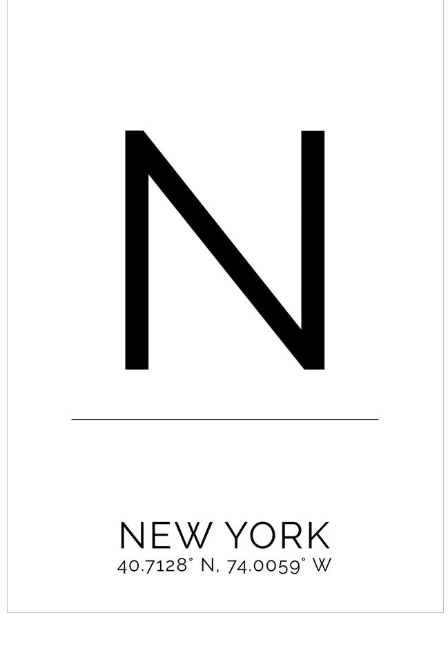 Black letter 'N' and coordinates for New York on a white background