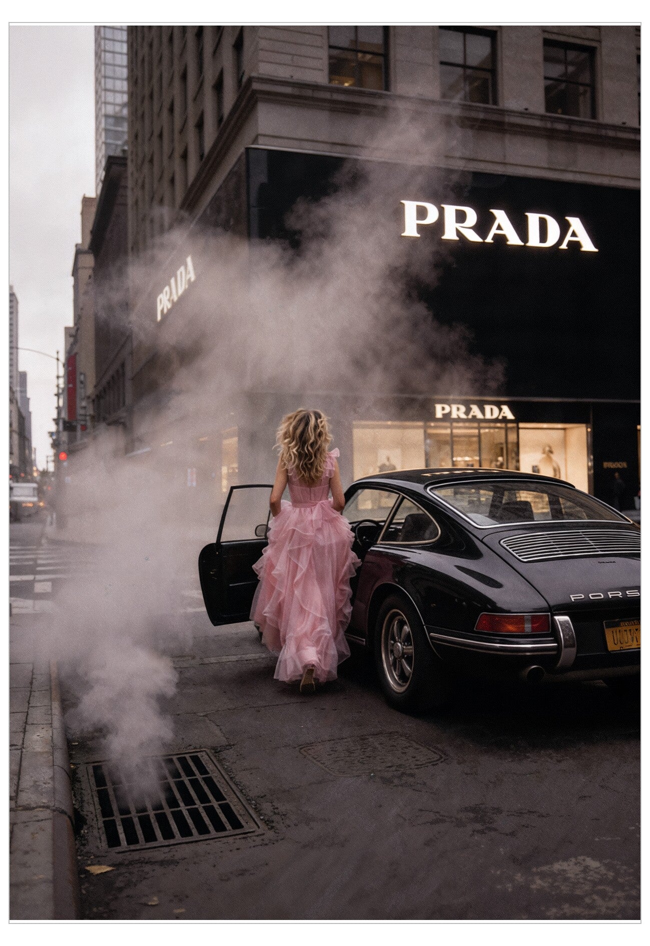 Woman in a pink dress opening a car door on a city street with Prada store in the background