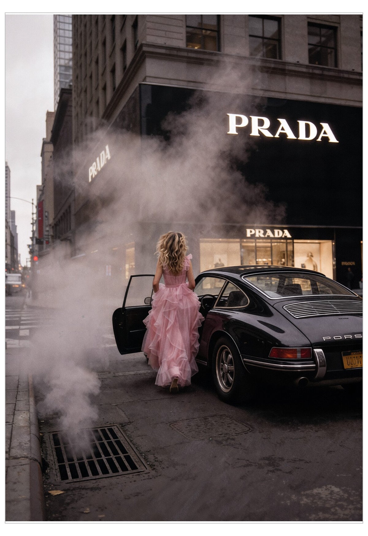 Woman in a pink dress opening a car door on a city street with Prada store in the background