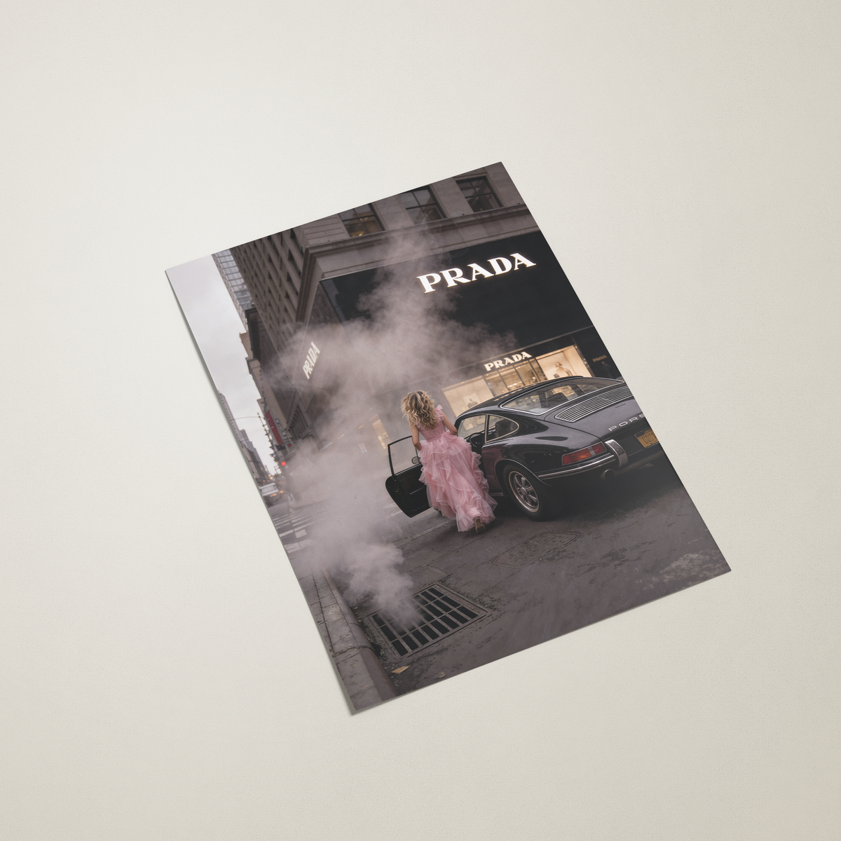 Poster with a woman in a dress and car on a city street.