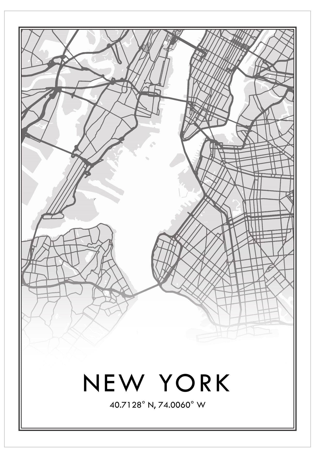 Black and white map of New York City with coordinates at the bottom