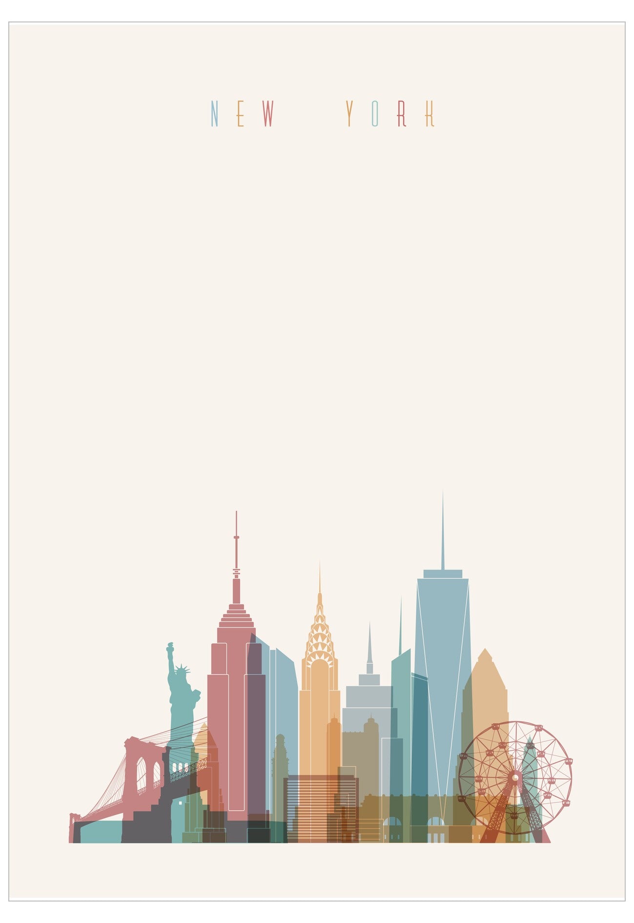 Colorful illustration of New York City skyline on a white background