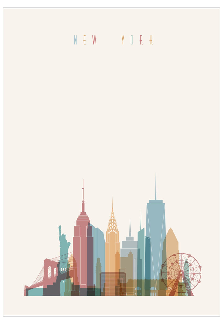 Colorful illustration of New York City skyline on a white background