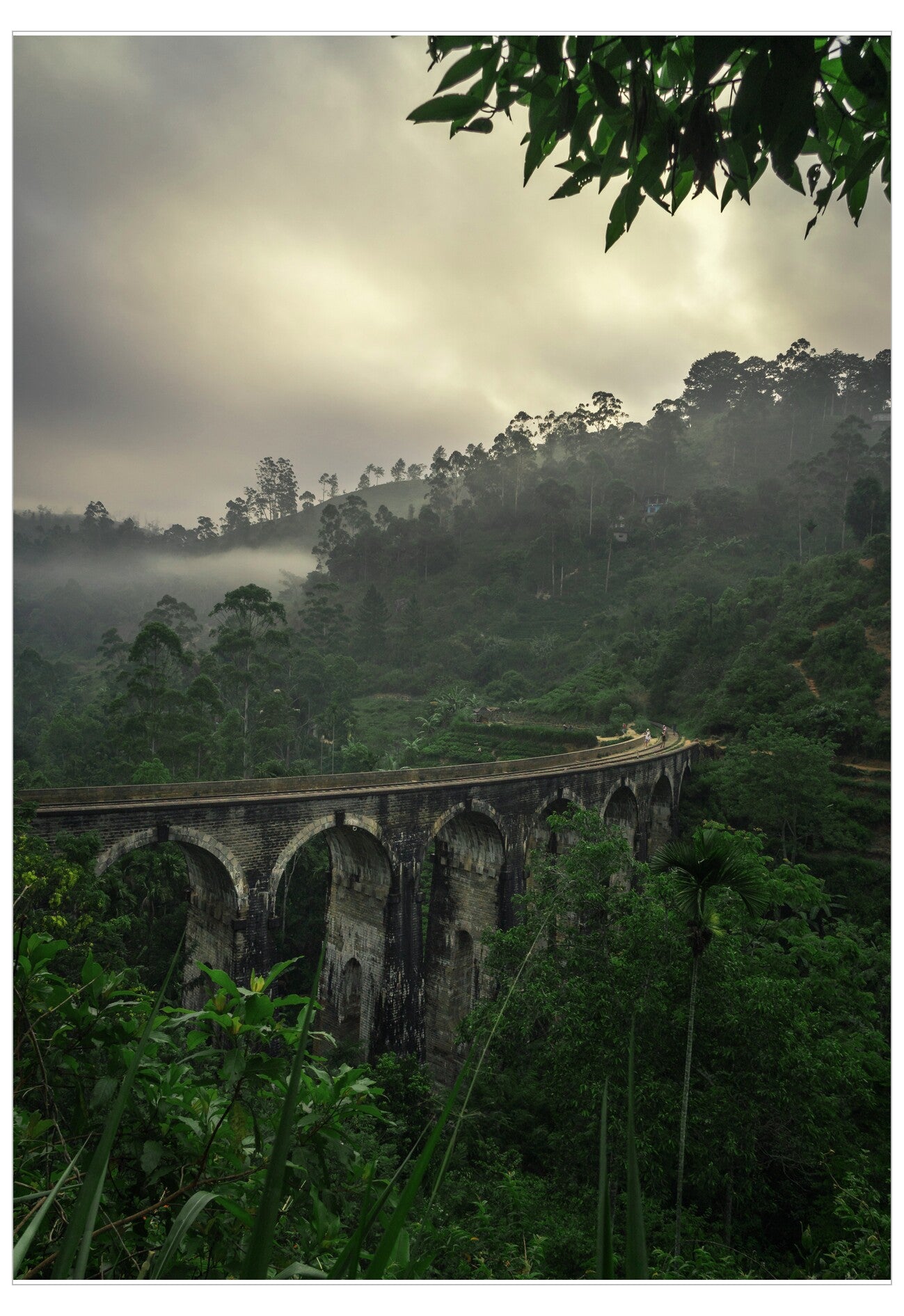 Stone arch bridge in a misty forest