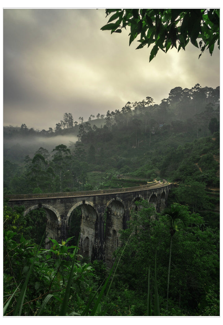 Stone arch bridge in a misty forest