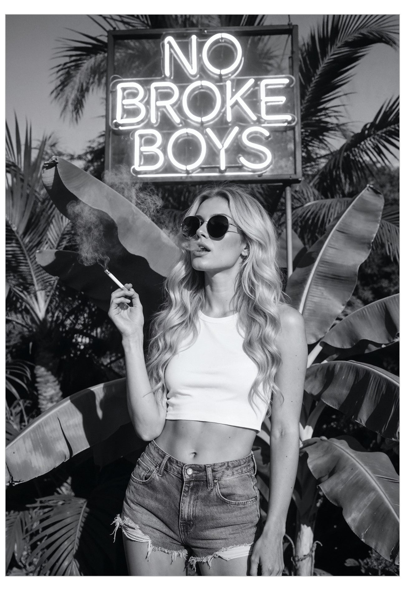 Woman in sunglasses and white top standing in front of a neon sign with palm trees in the background