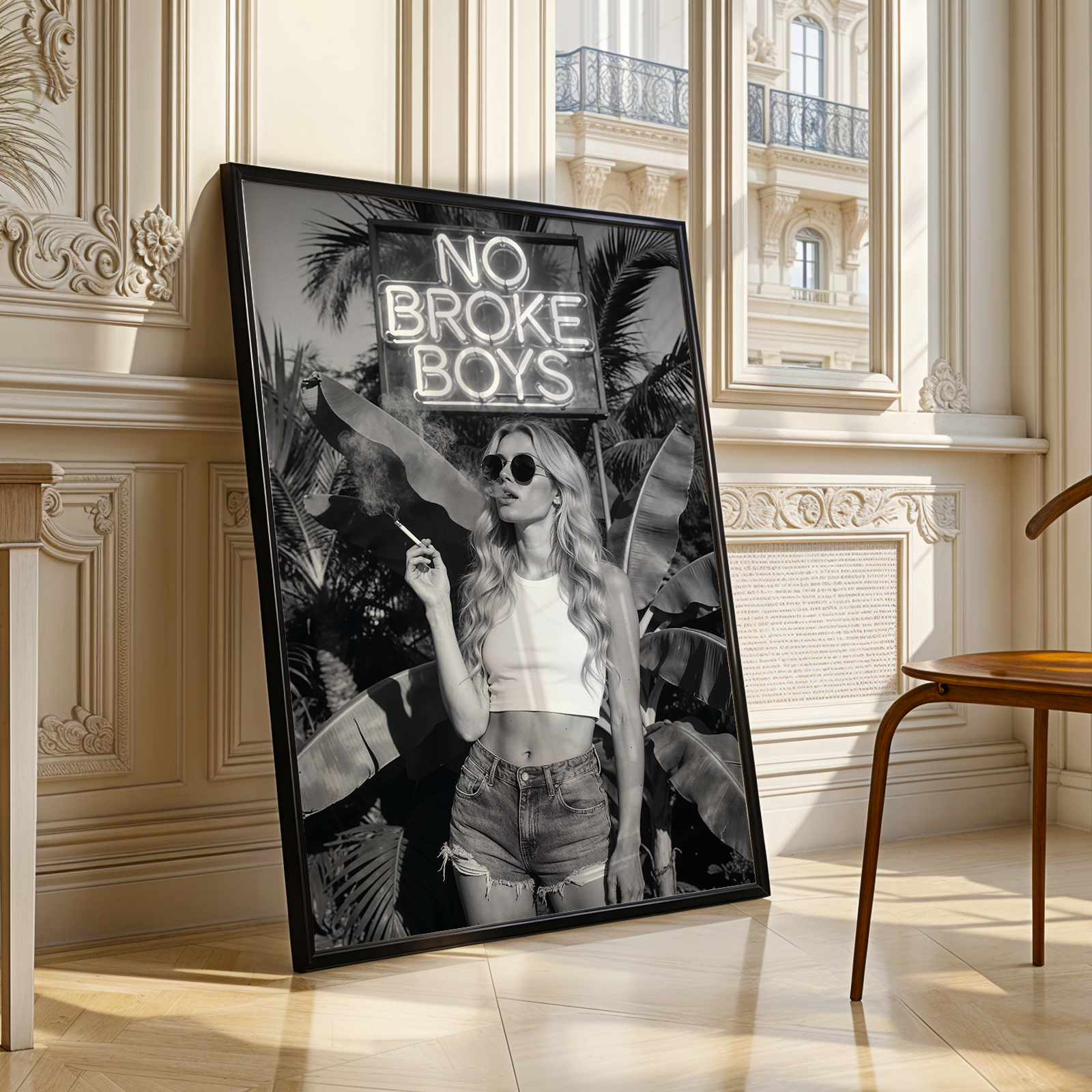 Framed poster with 'No Broke Boys' text in a stylish room with a chair and decorative wall.