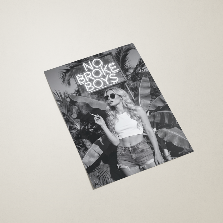 poster titled 'No Broke Boys' with a person against a tropical background.