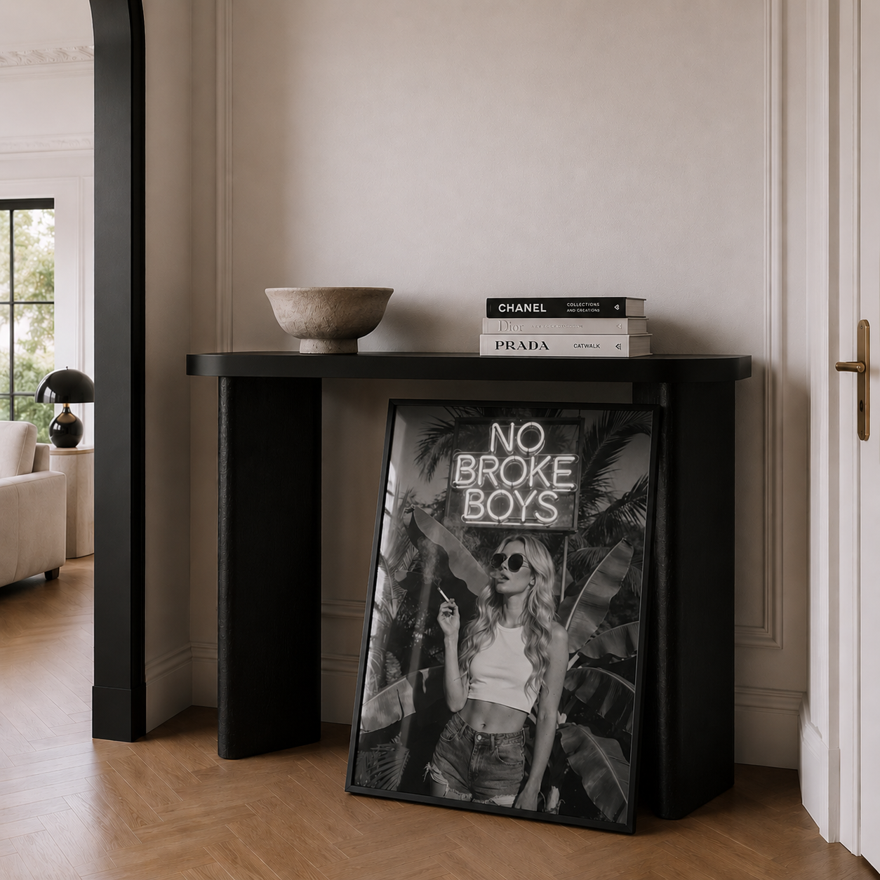 No Broke Boys neon poster wall art in fashionable home