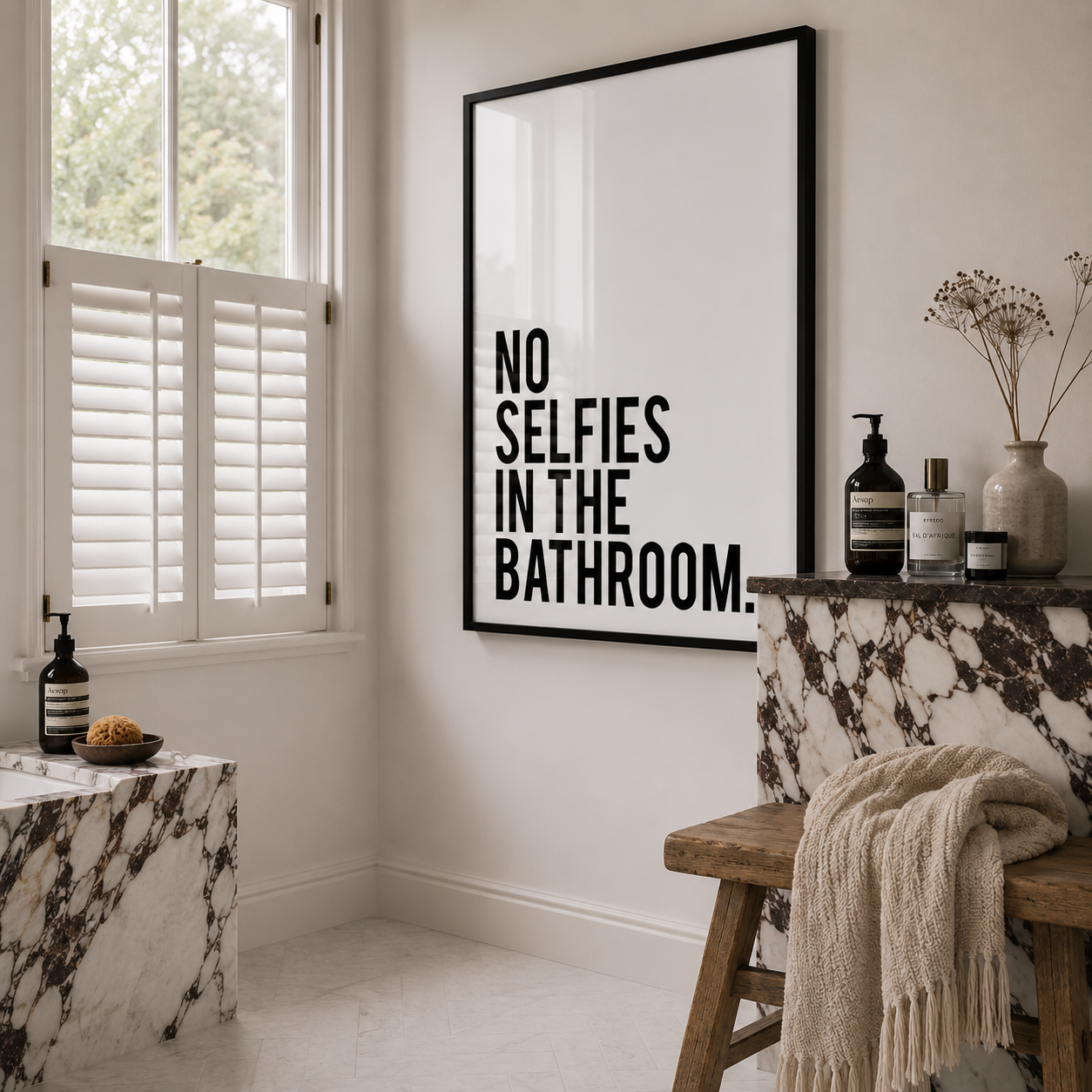 Bathroom interior with a framed poster reading 'No Selfies in the Bathroom' on a white wall.