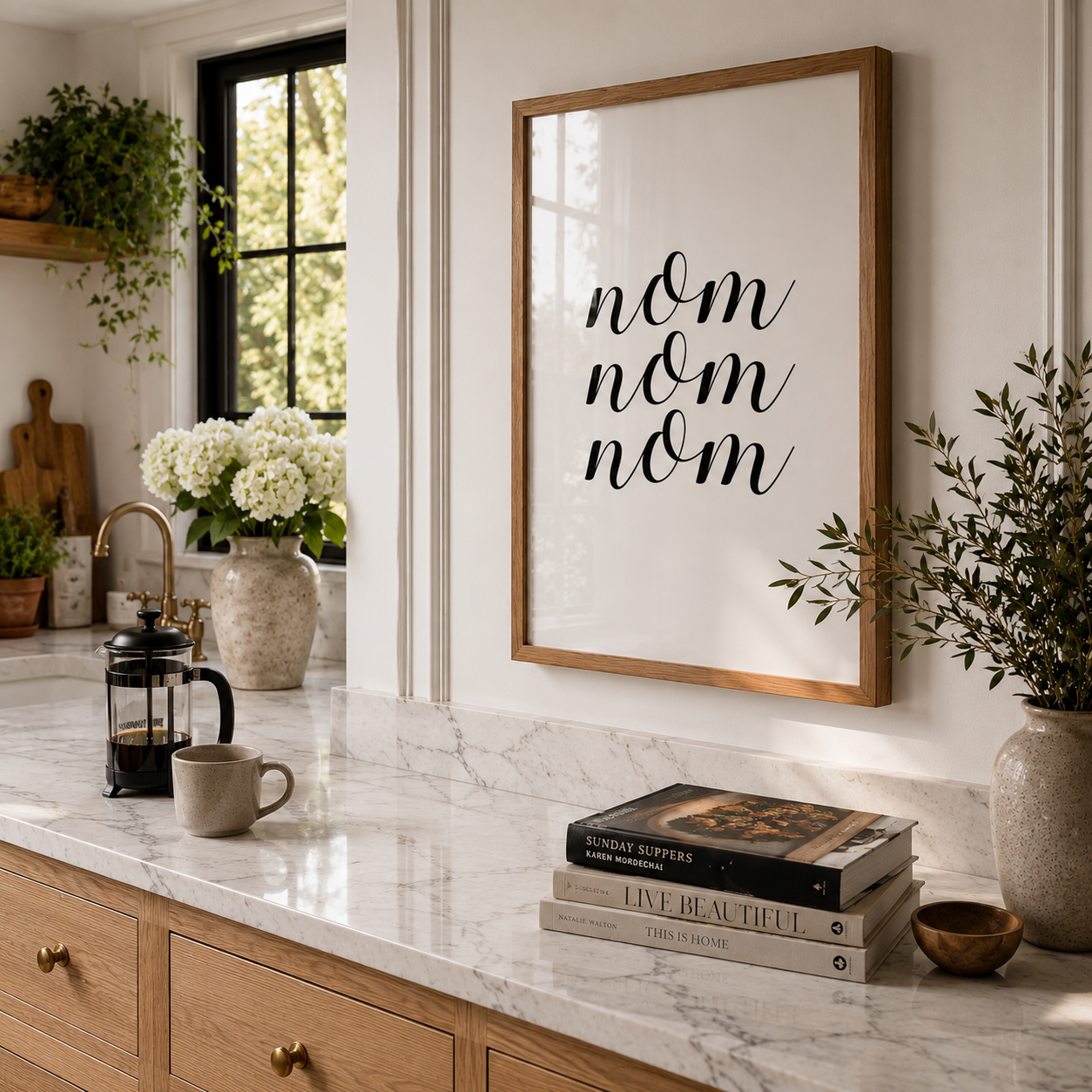 Modern kitchen with marble countertop, framed artwork, and decorative items.