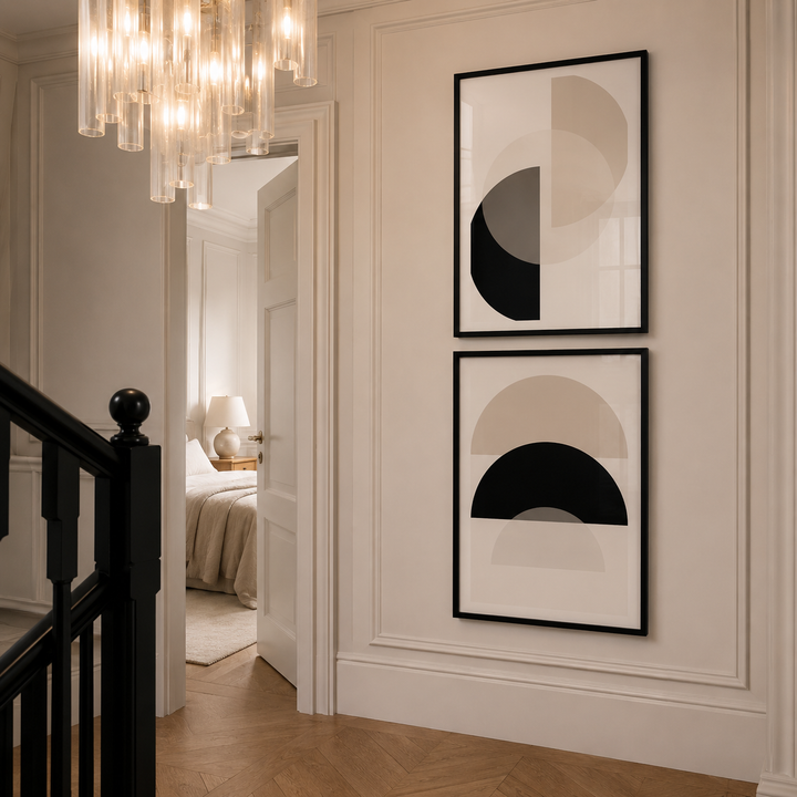 Staircase leading to a bedroom with abstract art on the wall