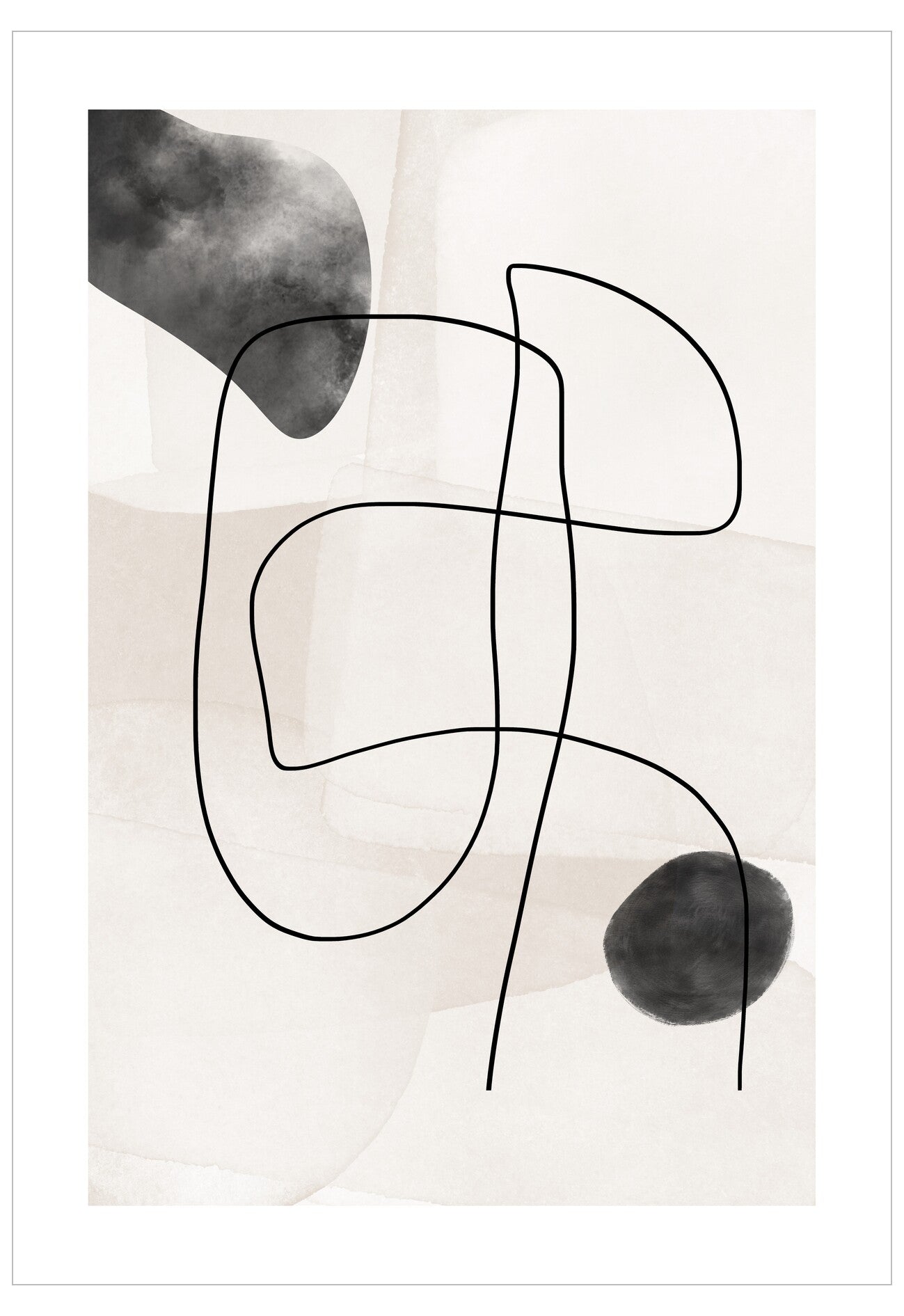 Abstract art piece with black lines and shapes on a light background