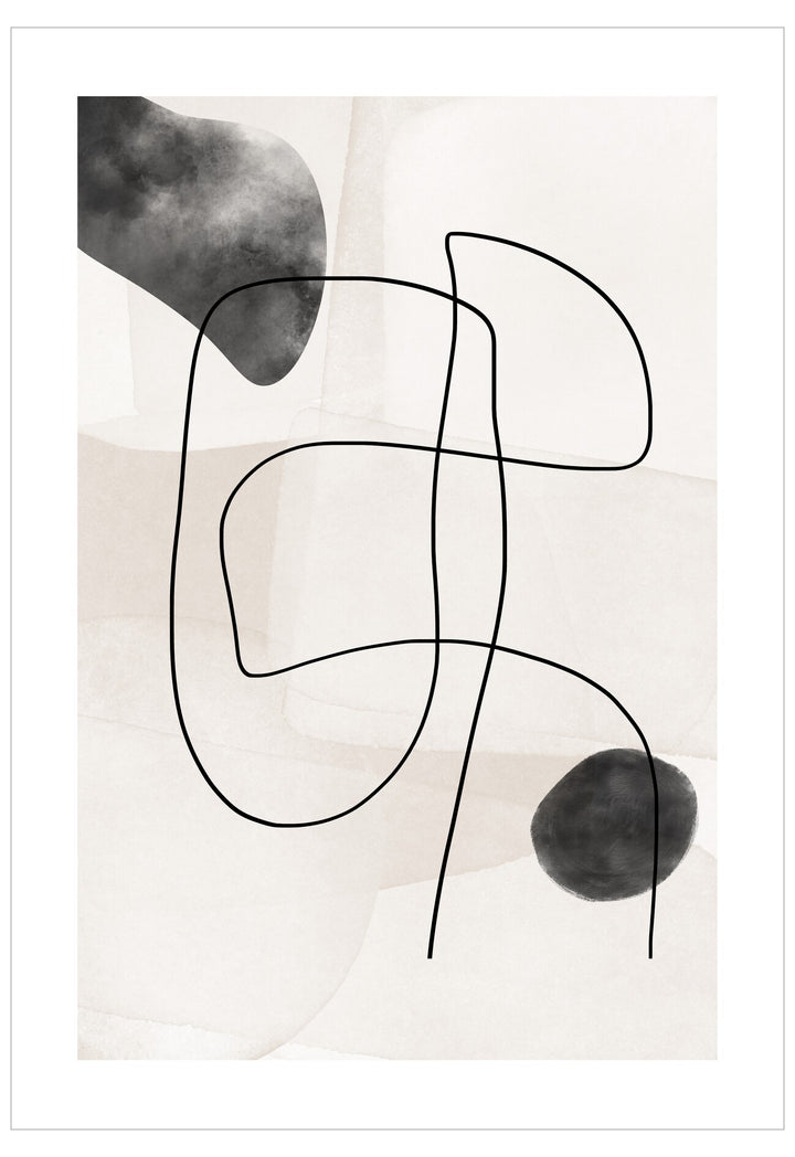 Abstract art piece with black lines and shapes on a light background