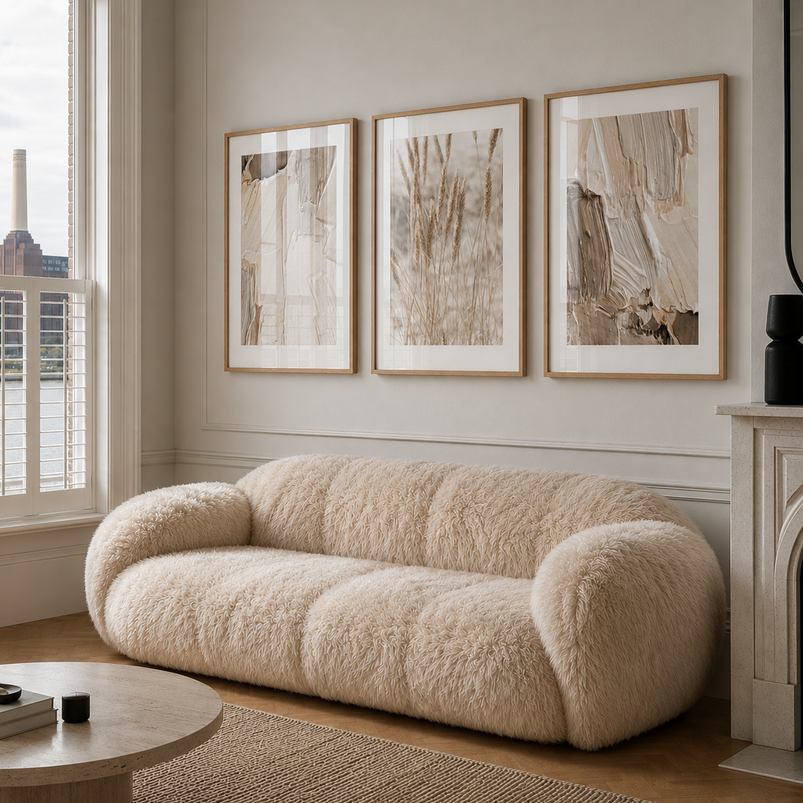 Modern living room with a fluffy beige sofa, abstract art, and a fireplace.