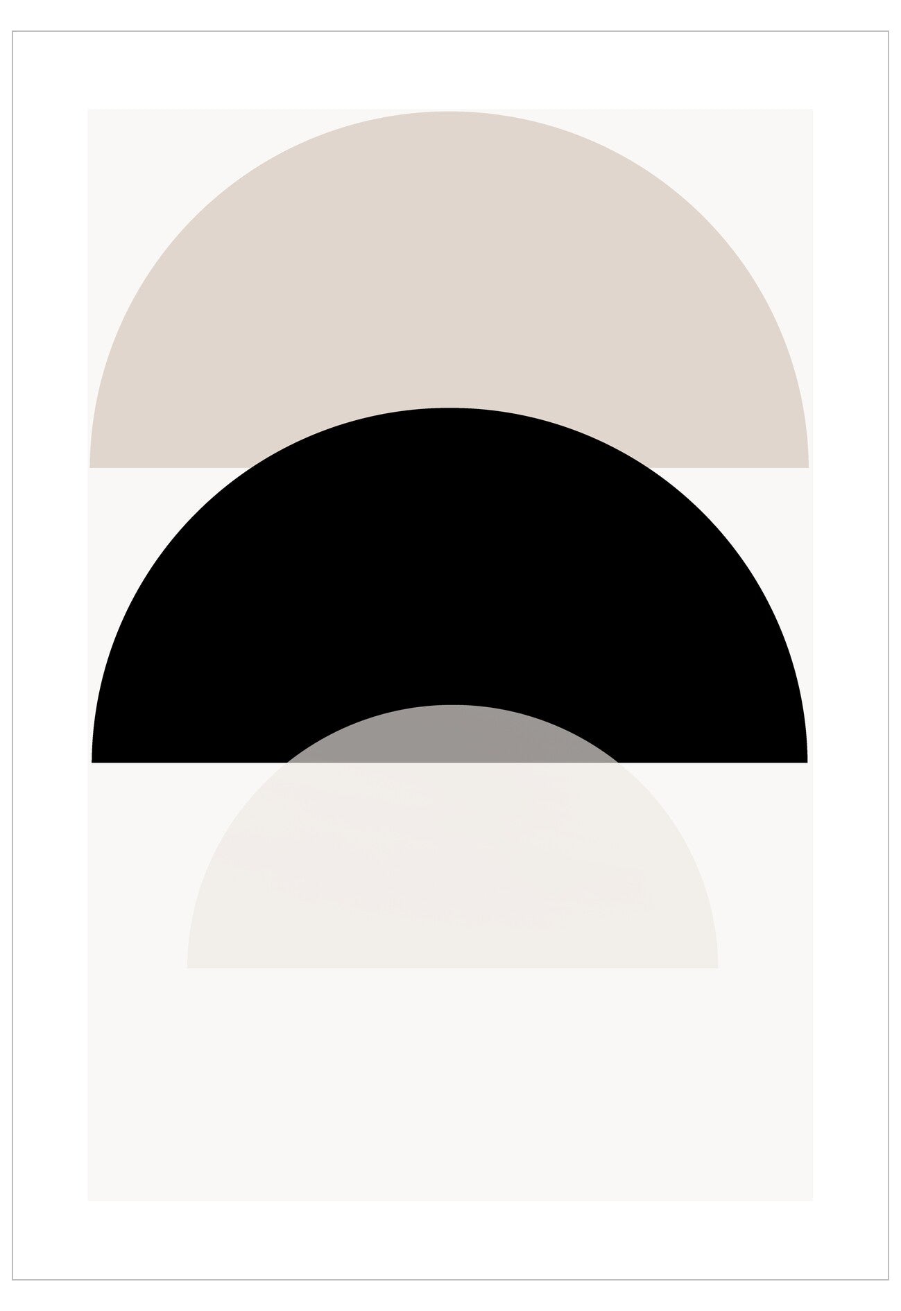 Abstract design with three curved shapes in beige, black, and gray on a white background