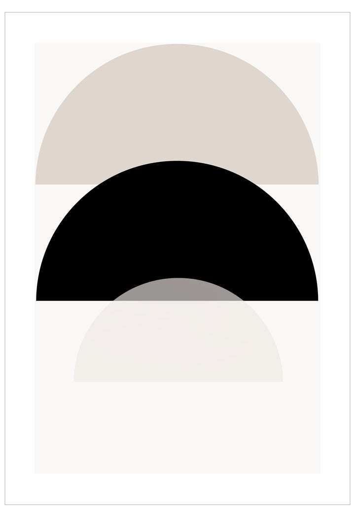 Abstract design with three curved shapes in beige, black, and gray on a white background