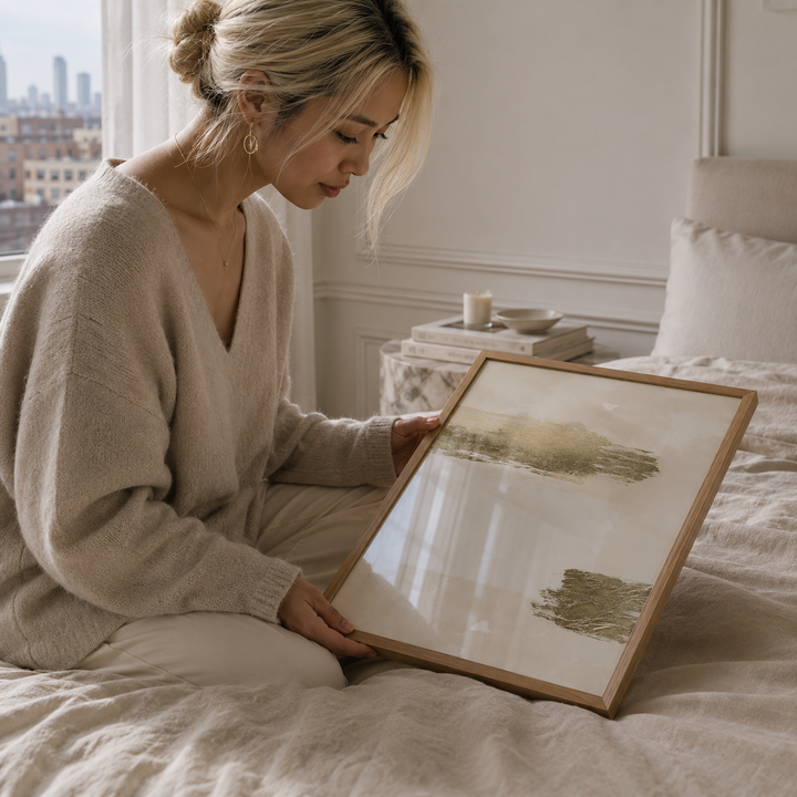 Woman holding a framed picture on a bed in a softly lit room.