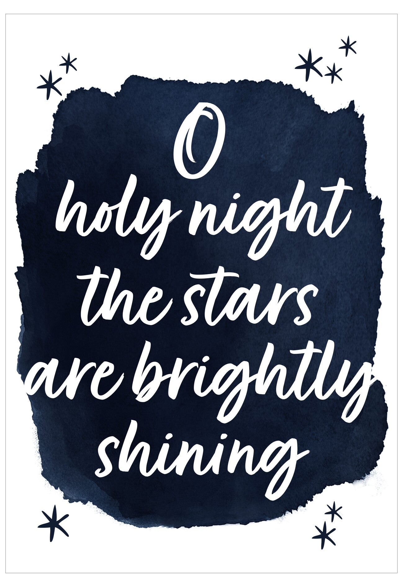 Text 'O holy night the stars are brightly shining' on a dark blue watercolor background with star decorations.