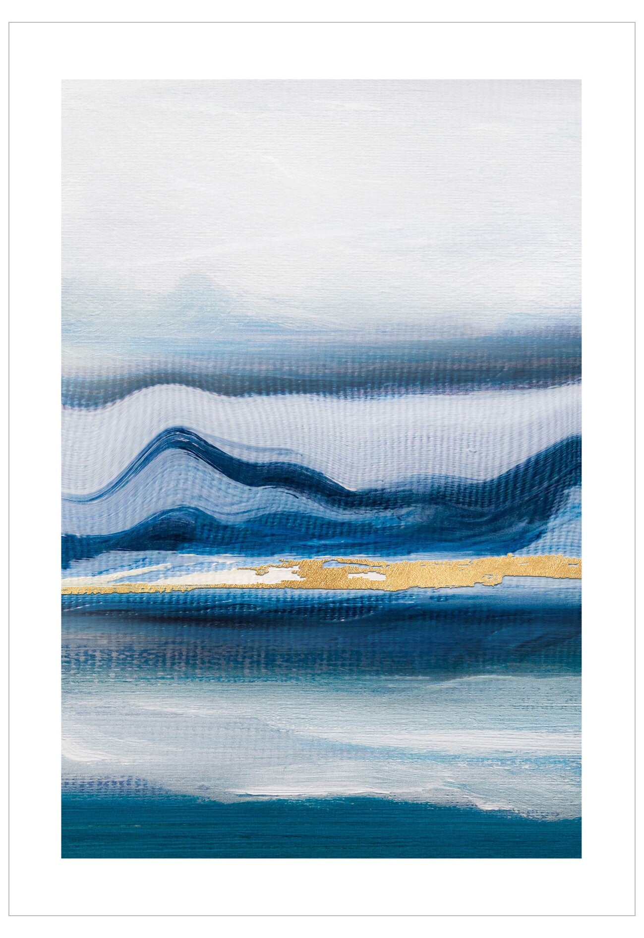 Abstract art piece with blue, white, and gold color palette