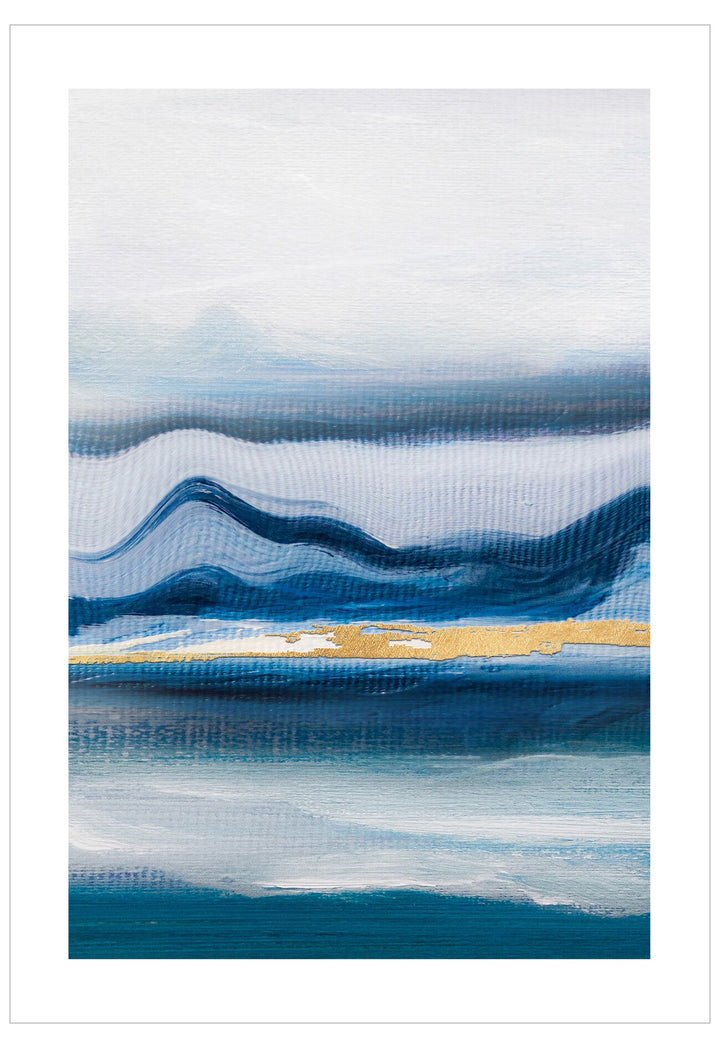 Abstract art piece with blue, white, and gold color palette
