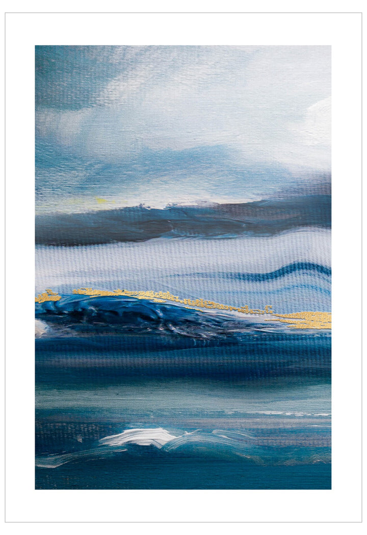 Abstract artwork with wavy blue and white patterns