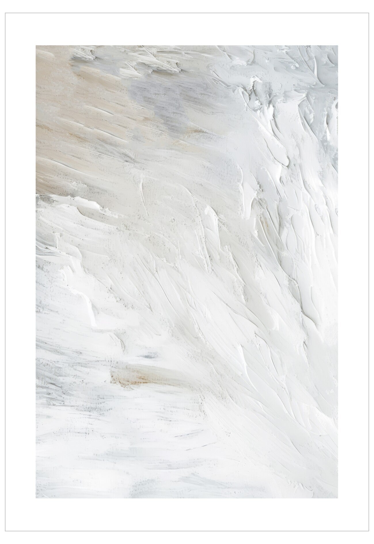 Abstract art with swirling white and gray patterns on a white background